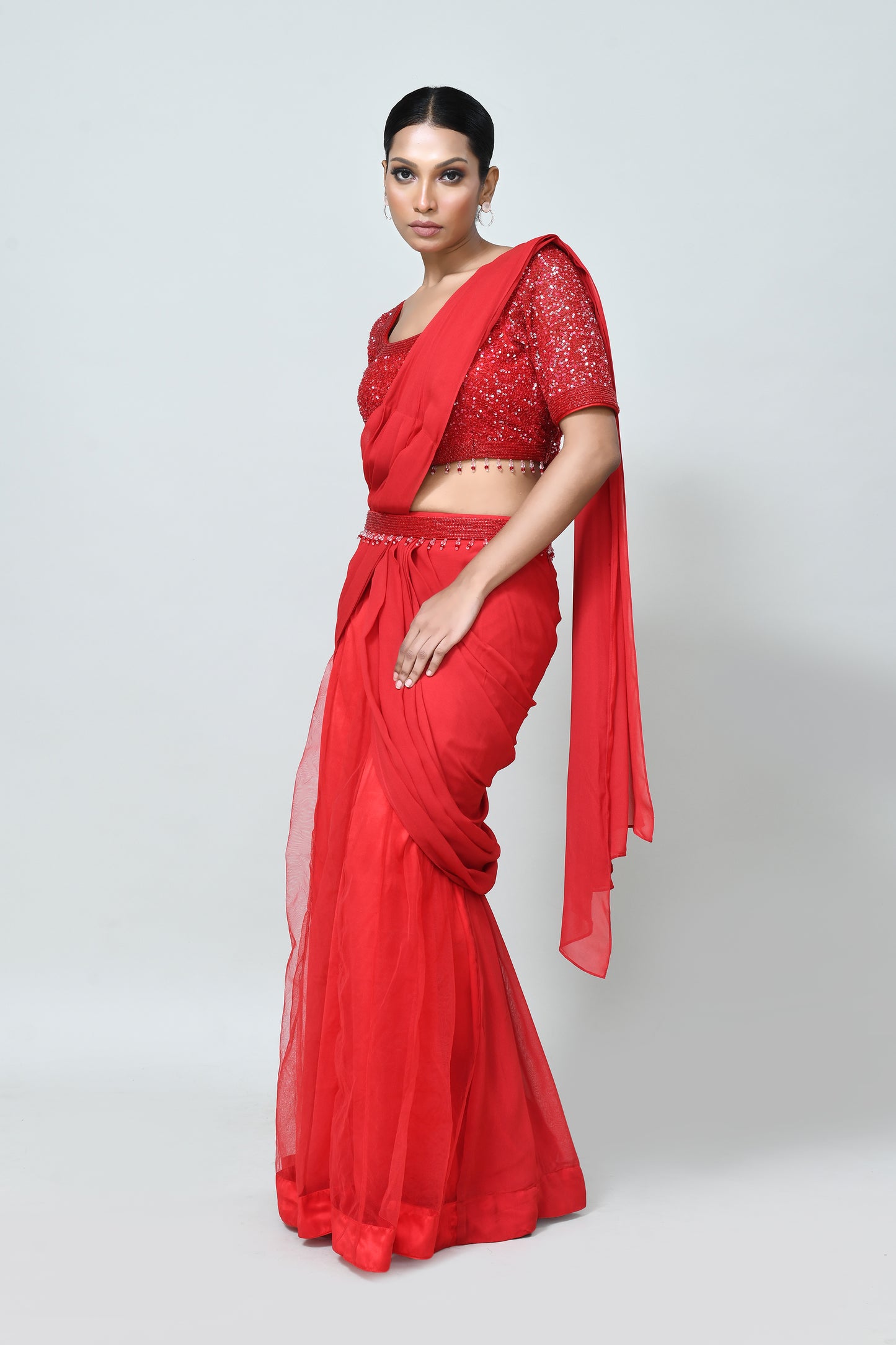 Designer Wear Red Georgette Net Drape Saree