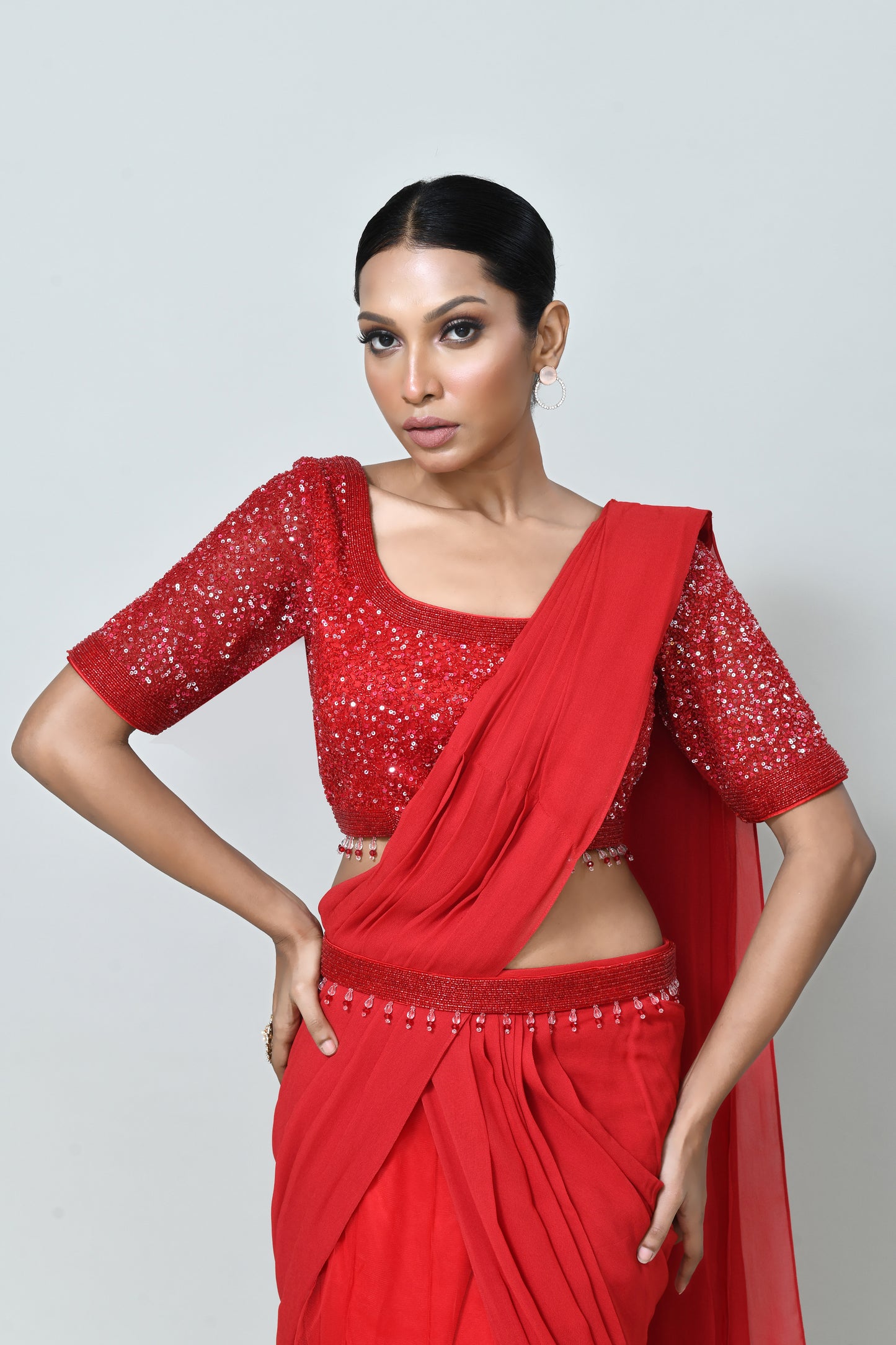 Designer Wear Red Georgette Net Drape Saree