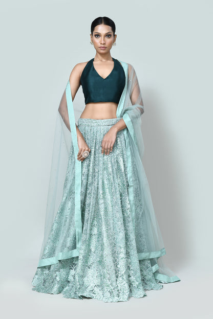 Designer Wear Sea Green Embroidered Net Lehenga Set