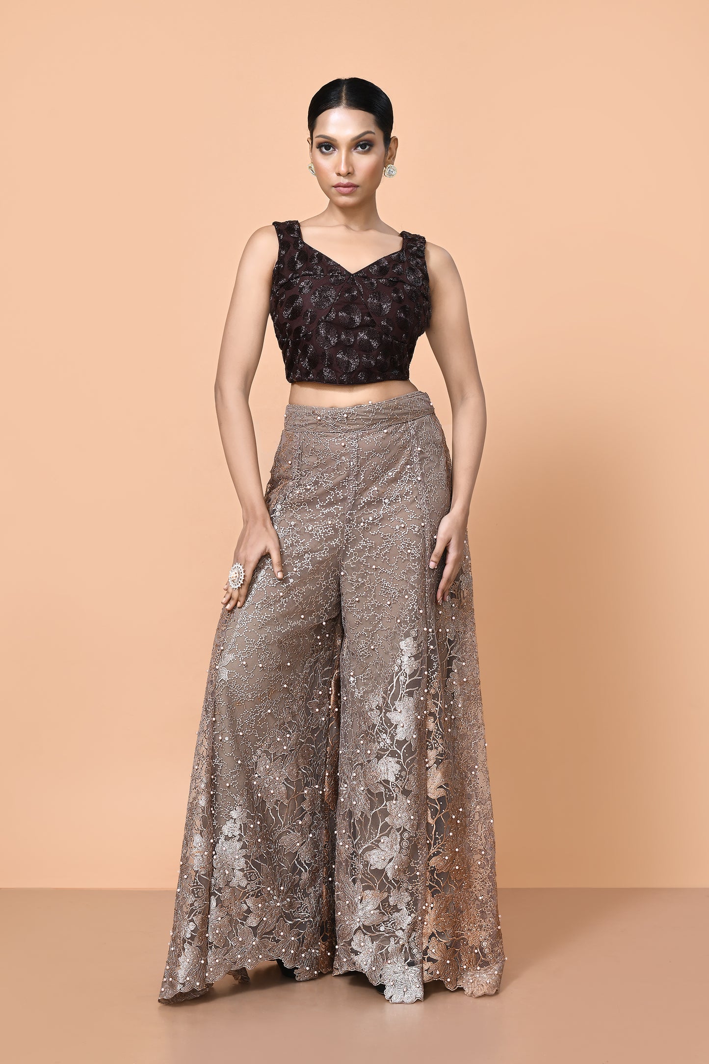 Designer Wear Deep Brown and Light Brown Net Palazzo Crop Top Set
