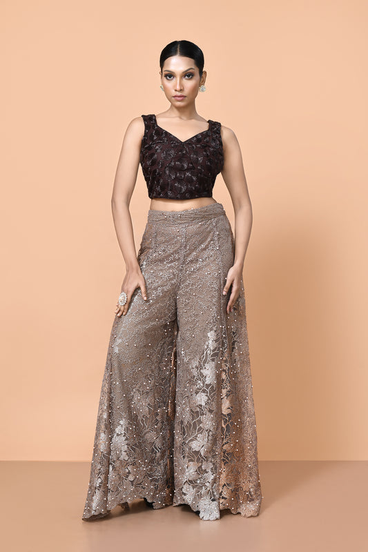 Designer Wear Deep Brown and Light Brown Net Palazzo Crop Top Set