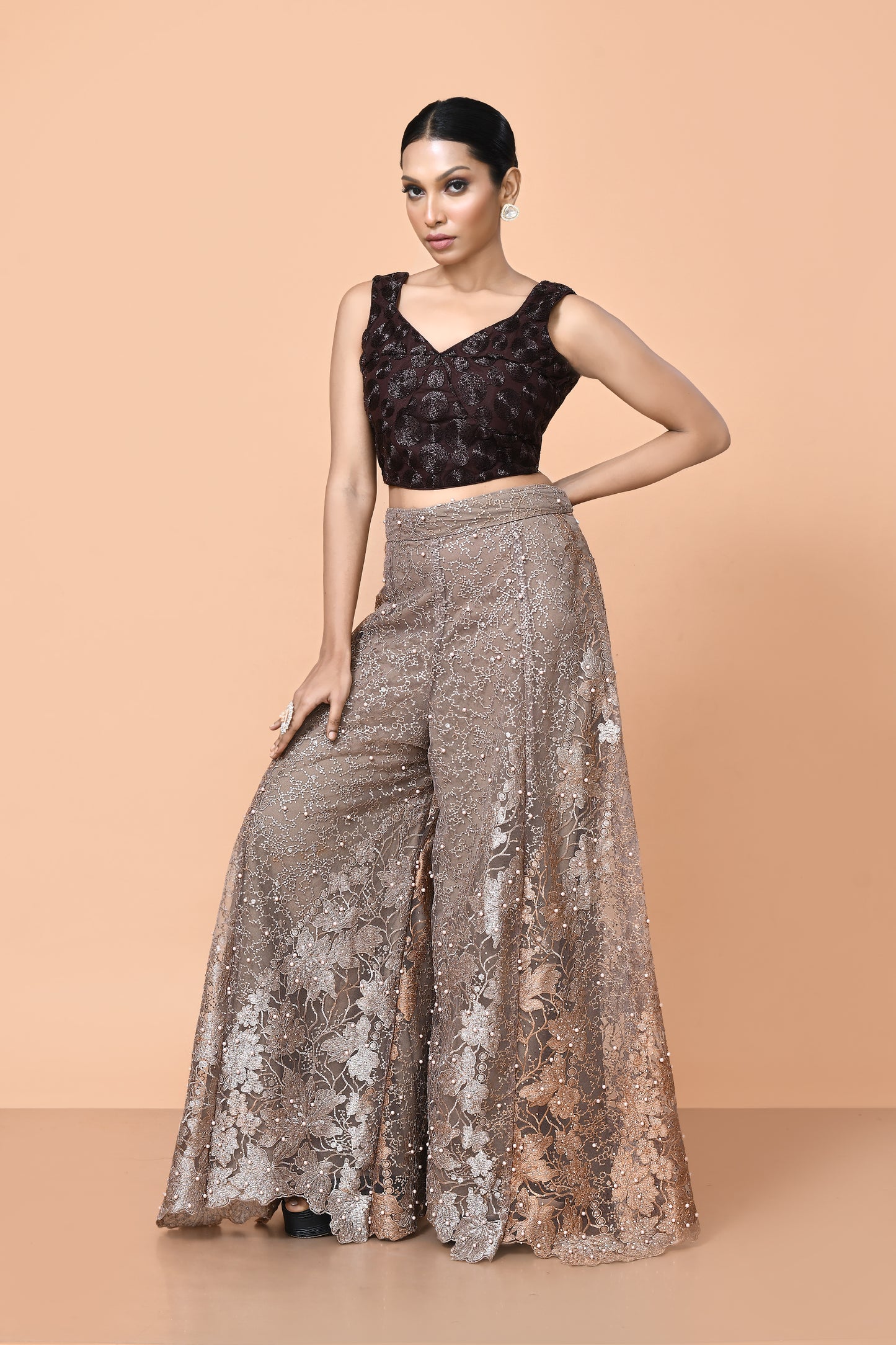 Designer Wear Deep Brown and Light Brown Net Palazzo Crop Top Set