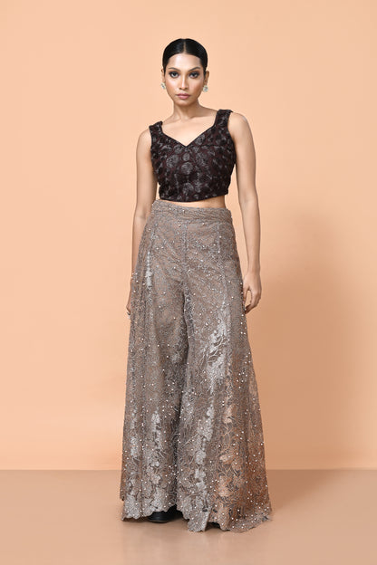 Designer Wear Deep Brown and Light Brown Net Palazzo Crop Top Set