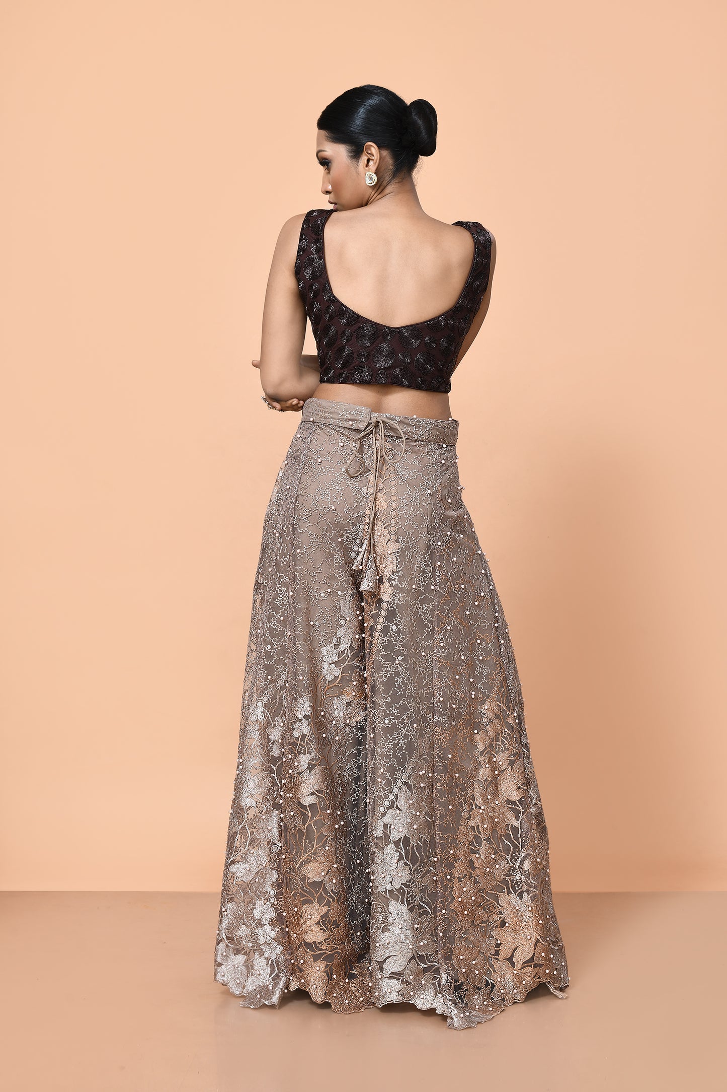 Designer Wear Deep Brown and Light Brown Net Palazzo Crop Top Set