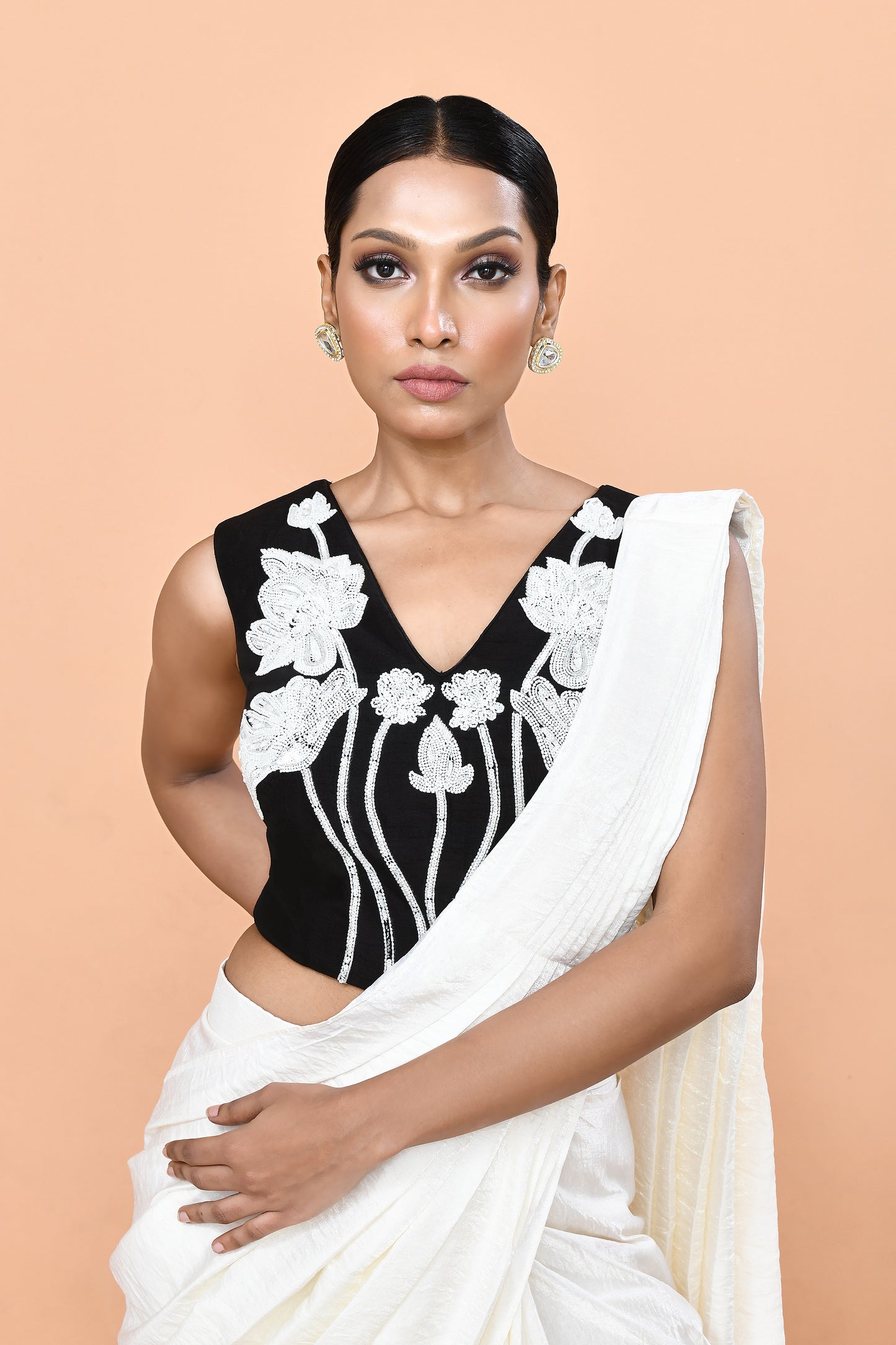 Designer Wear White Drape Saree Set