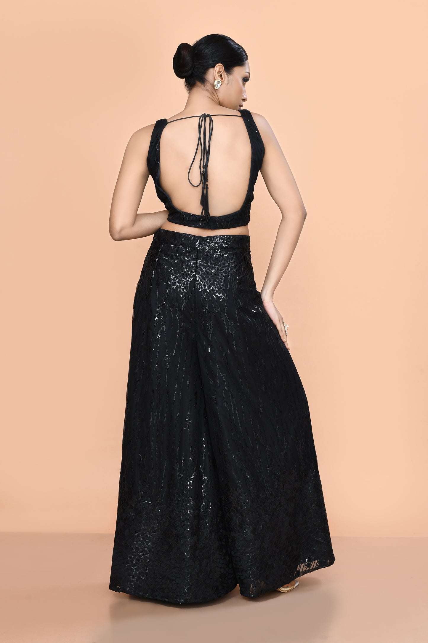 Designer Wear Black Net Palazzo With  Crop Top set