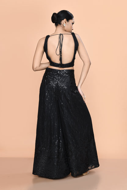 Designer Wear Black Net Palazzo With  Crop Top set