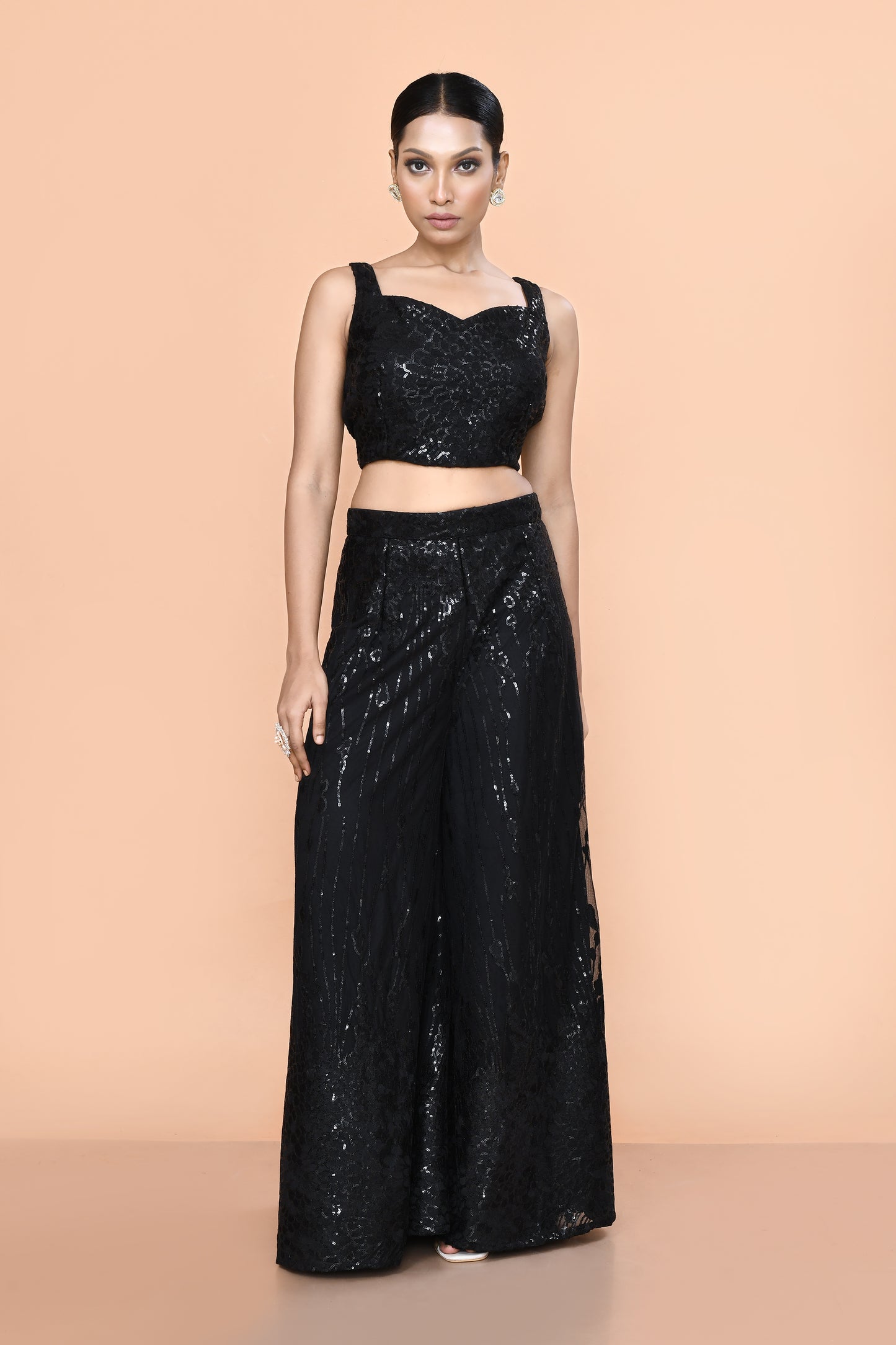 Designer Wear Black Net Palazzo With  Crop Top set
