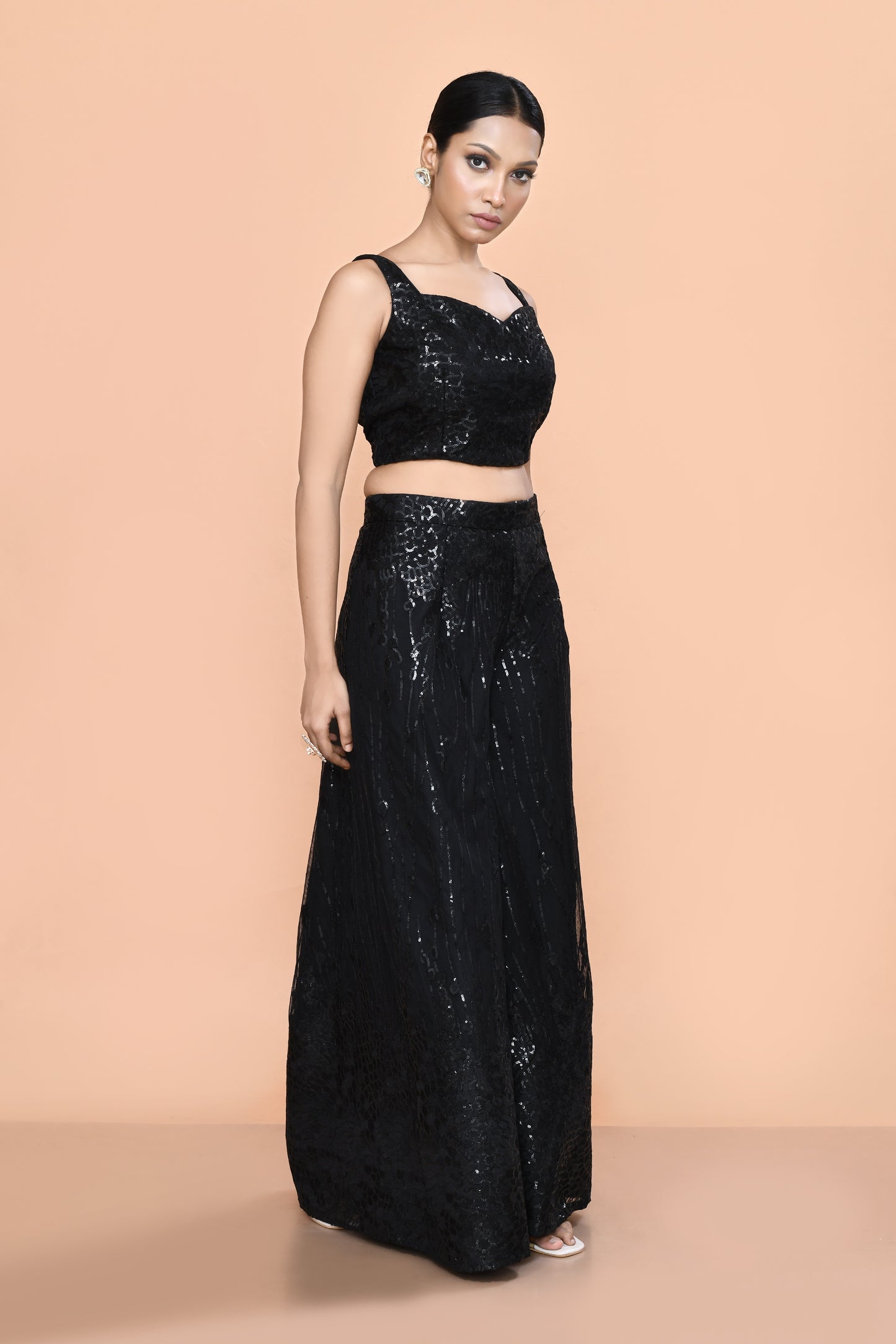 Designer Wear Black Net Palazzo With  Crop Top set