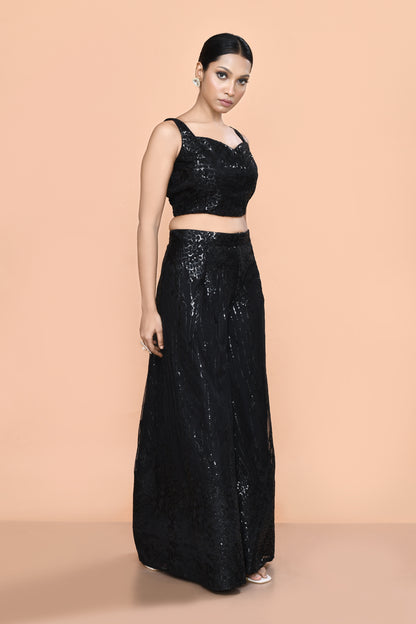 Designer Wear Black Net Palazzo With  Crop Top set