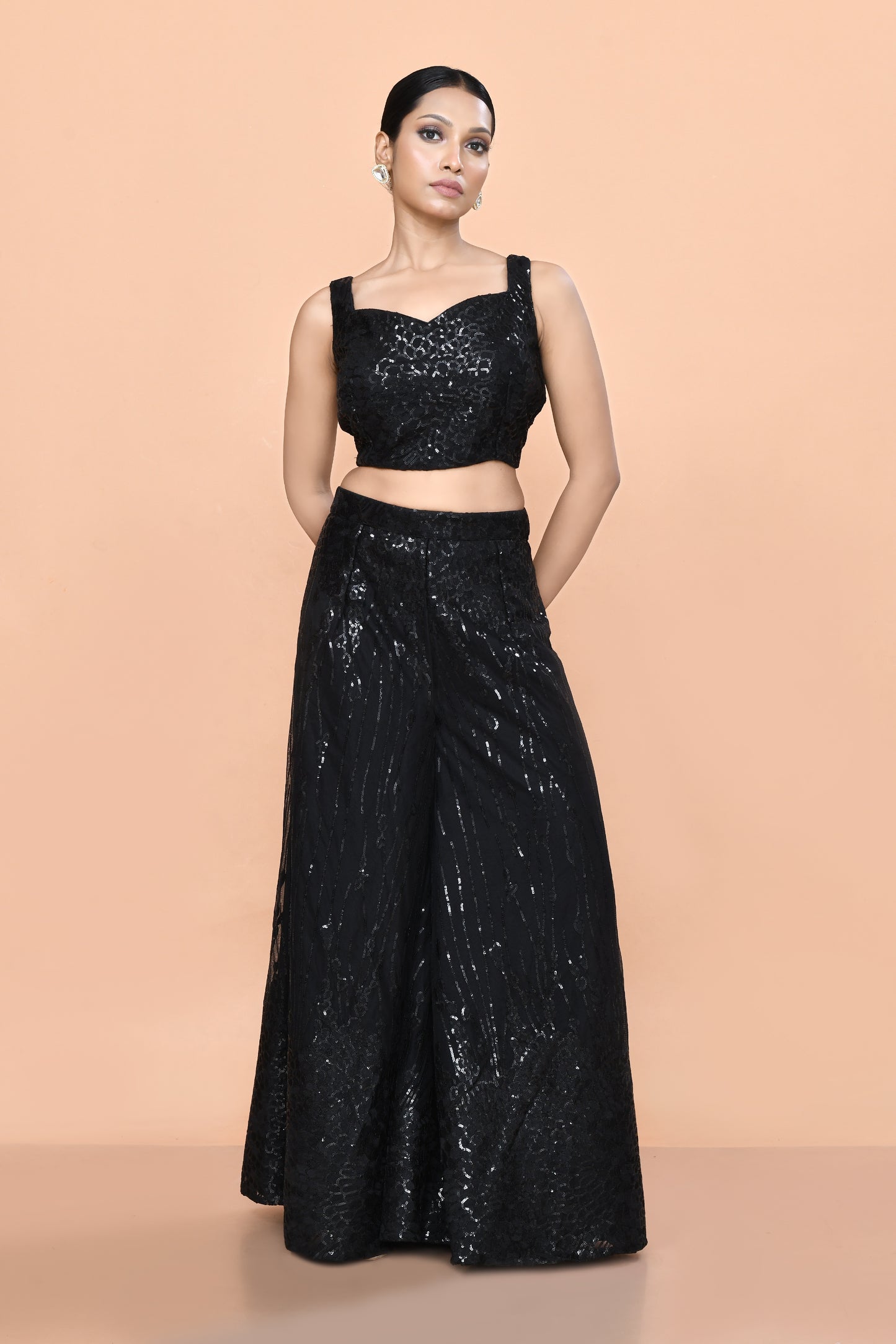 Designer Wear Black Net Palazzo With  Crop Top set