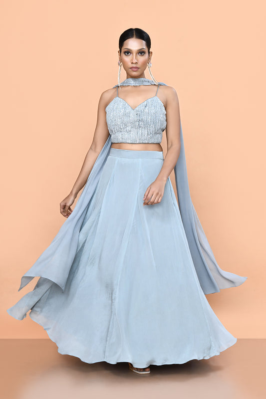 Designer Wear Sky Blue Chinon Chiffon Lehenga Set