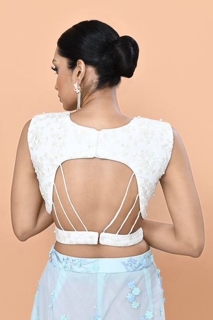 Designer Wear White & Sky Blue Net Palazzo With Crop Top Set