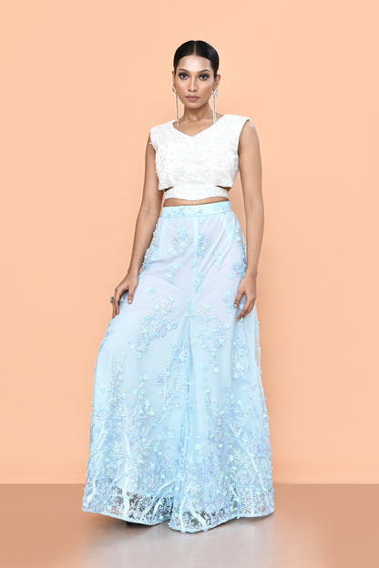 Designer Wear White & Sky Blue Net Palazzo With Crop Top Set