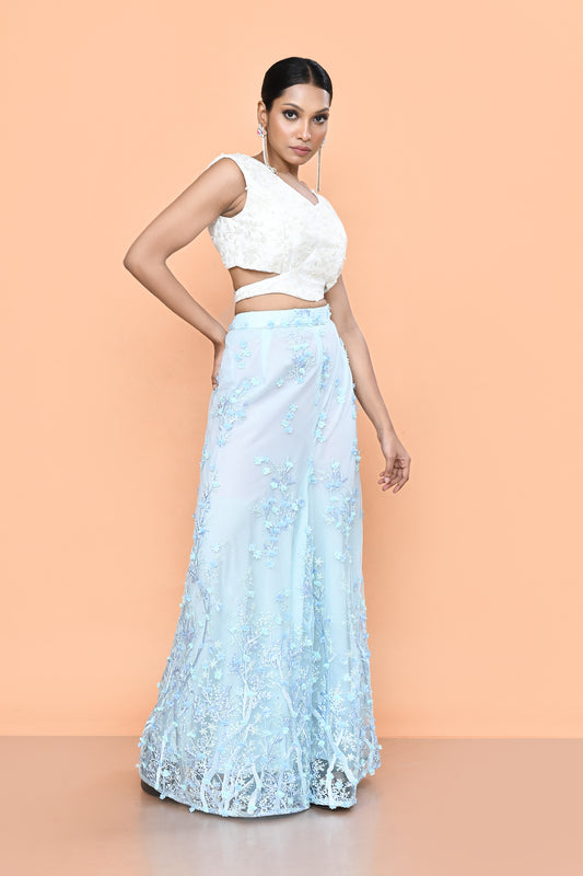 Designer Wear White & Sky Blue Net Palazzo With Crop Top Set