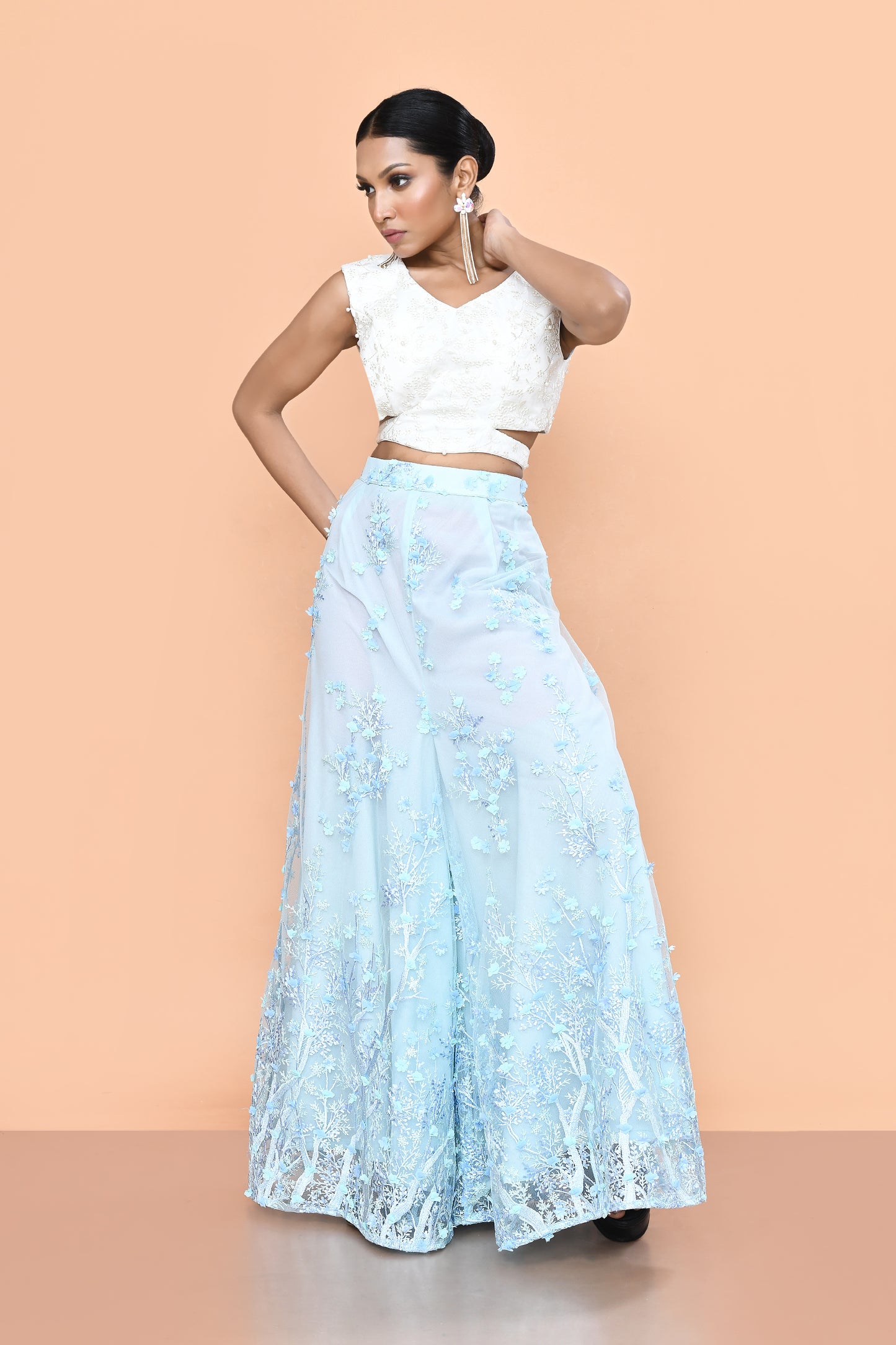 Designer Wear White & Sky Blue Net Palazzo With Crop Top Set