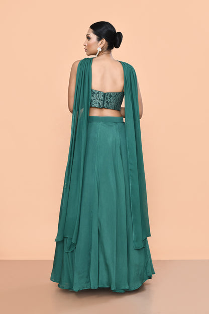 Designer Wear Green Chinon Chiffon Lehenga Set