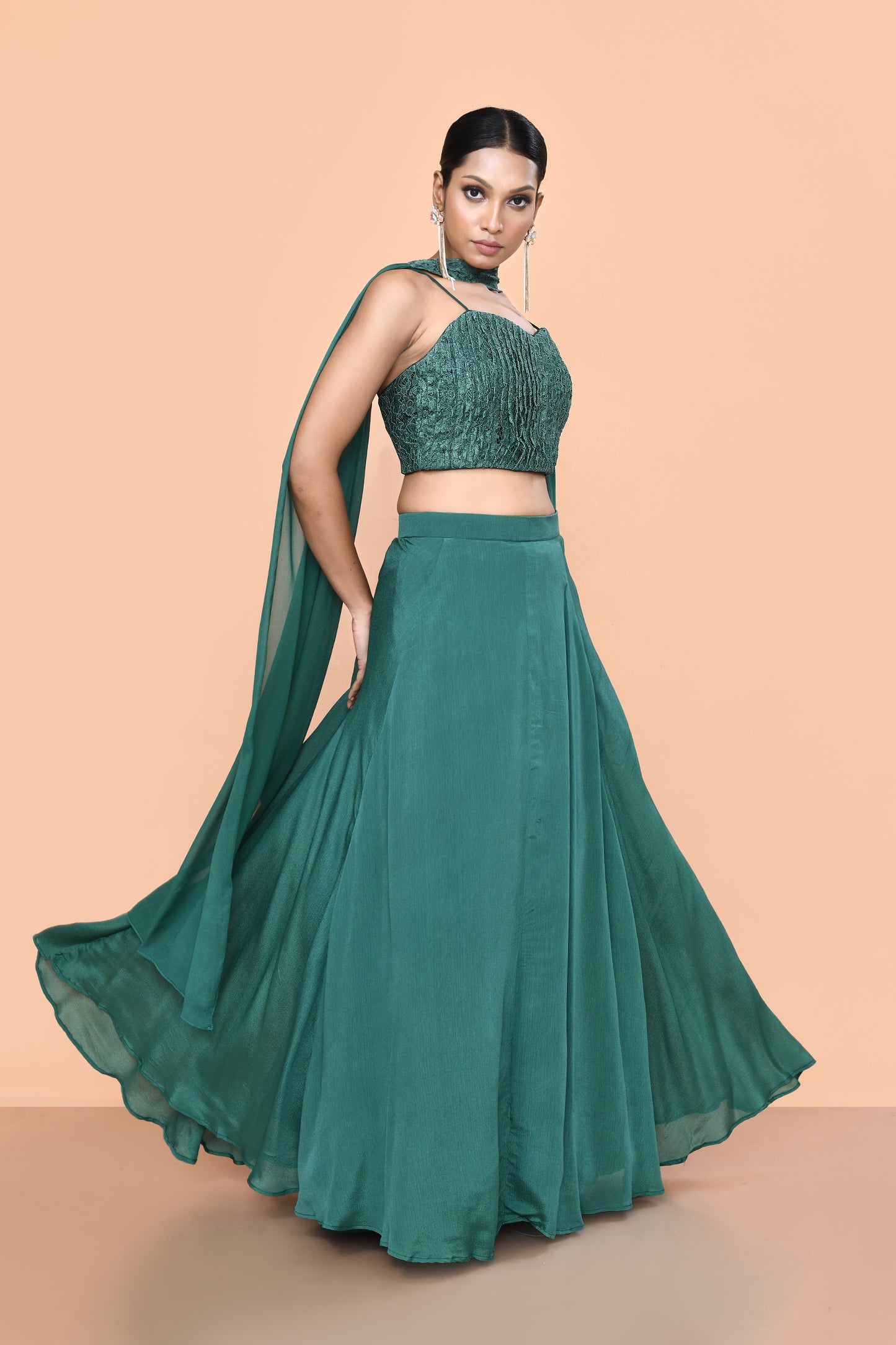 Designer Wear Green Chinon Chiffon Lehenga Set