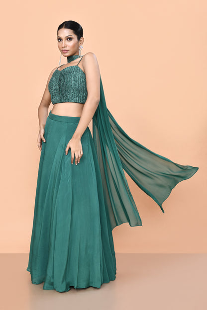 Designer Wear Green Chinon Chiffon Lehenga Set