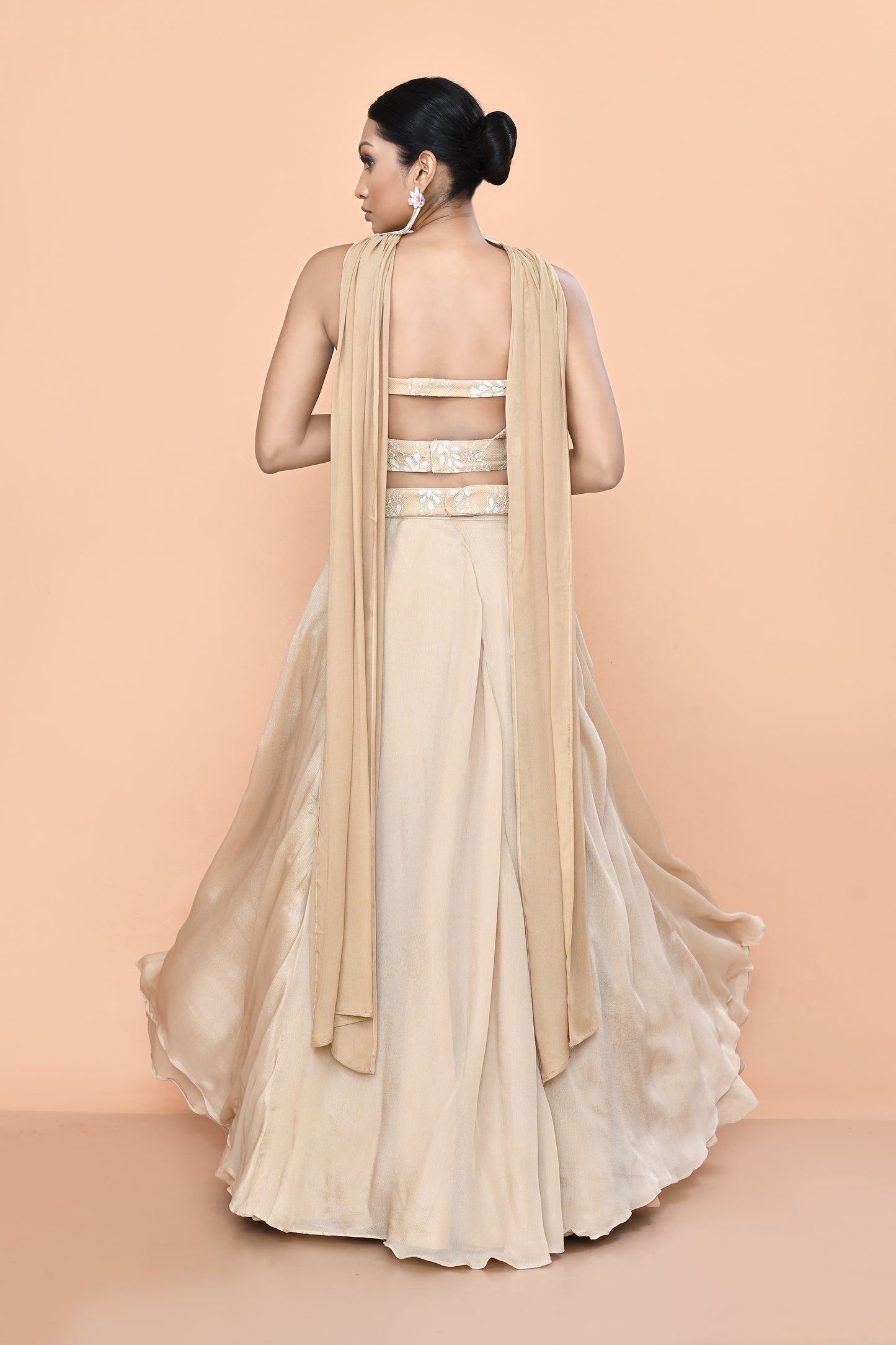 Designer Wear Beige Chinon Chiffon Lehenga Set