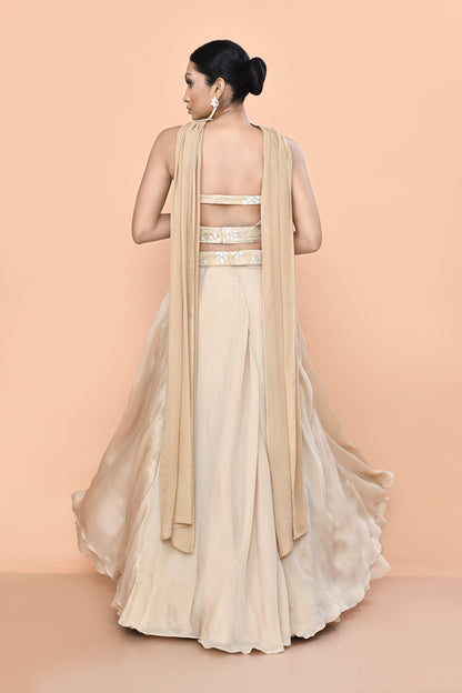 Designer Wear Beige Chinon Chiffon Lehenga Set