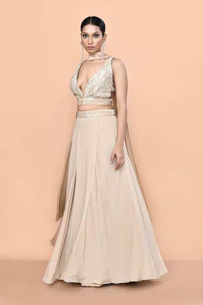 Designer Wear Beige Chinon Chiffon Lehenga Set