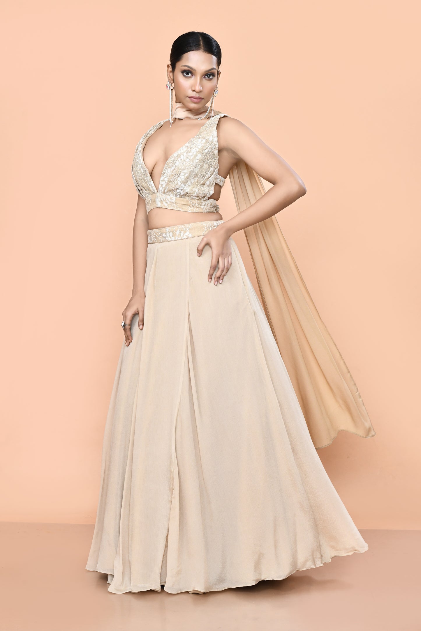 Designer Wear Beige Chinon Chiffon Lehenga Set