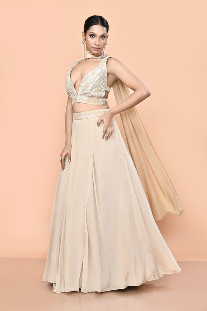 Designer Wear Beige Chinon Chiffon Lehenga Set