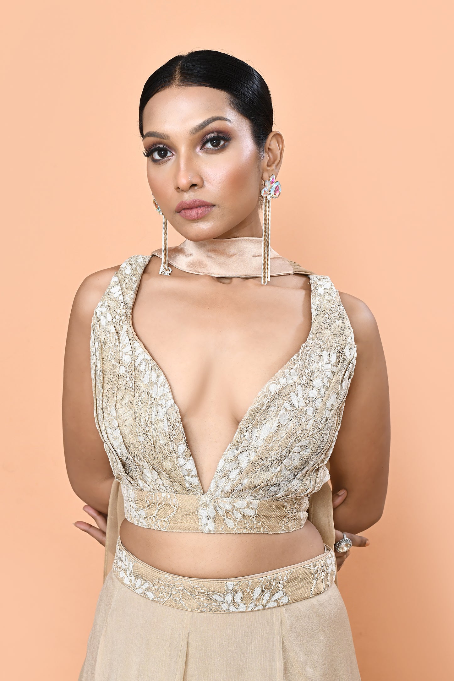 Designer Wear Beige Chinon Chiffon Lehenga Set