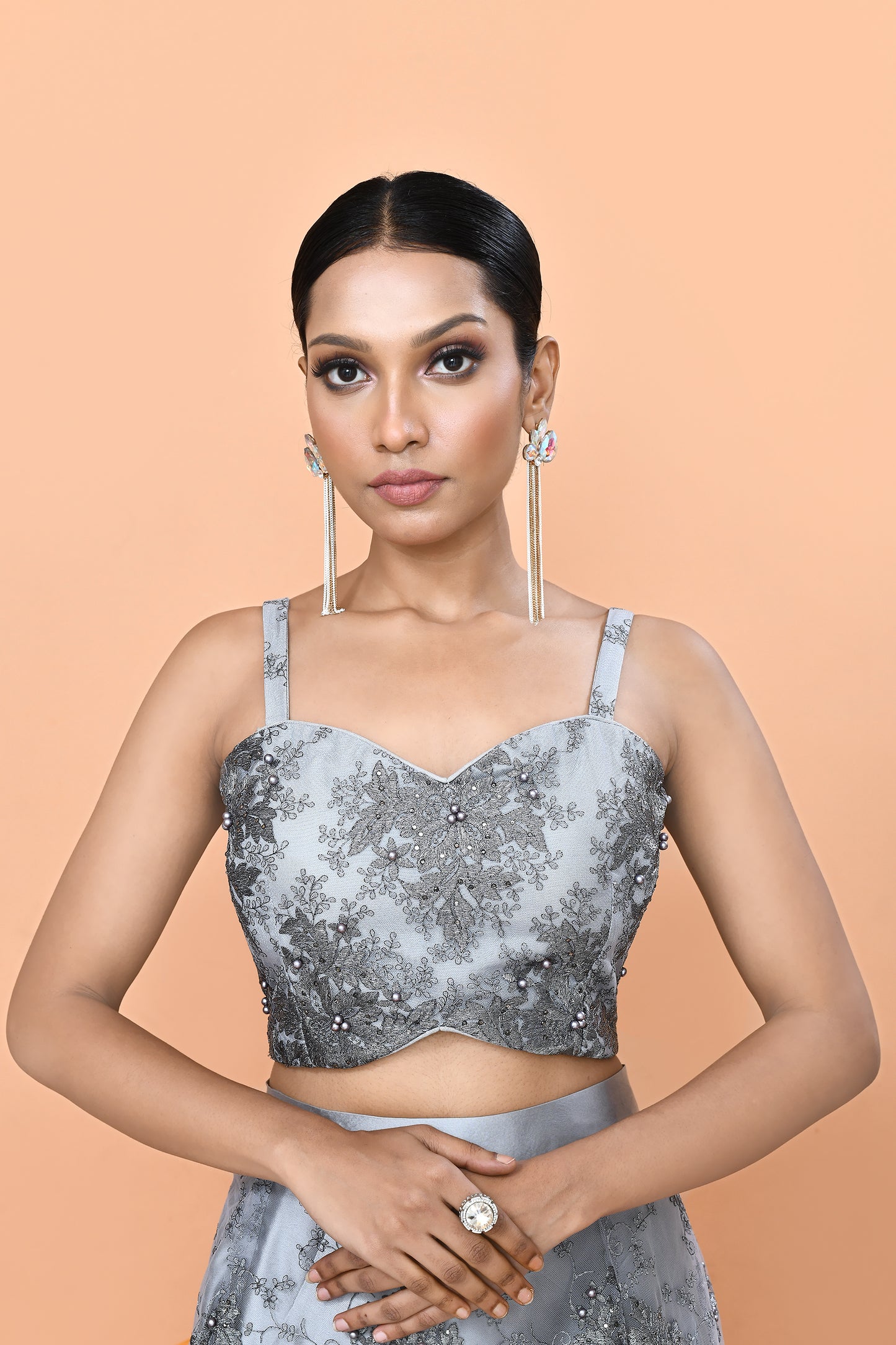 Designer Wear Grey Net Lehenga Set
