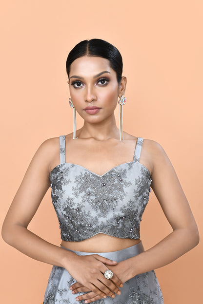 Designer Wear Grey Net Lehenga Set