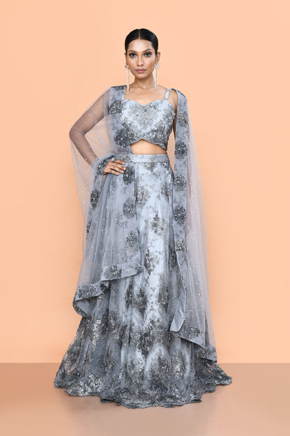 Designer Wear Grey Net Lehenga Set