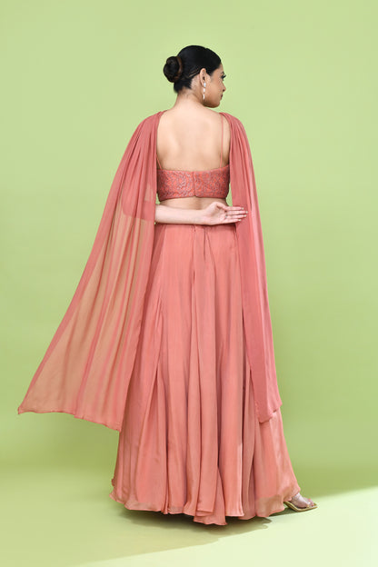 Designer Wear Coral Pink Chinon Chiffon Lehenga Set