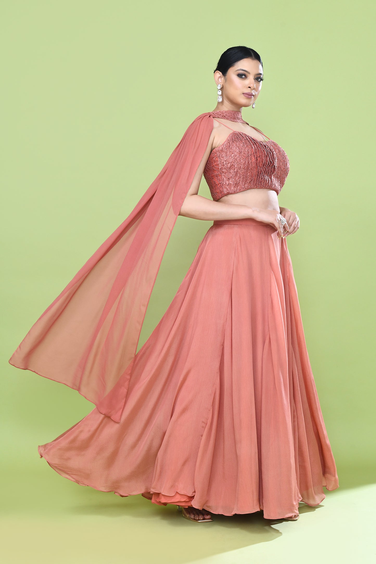 Designer Wear Coral Pink Chinon Chiffon Lehenga Set
