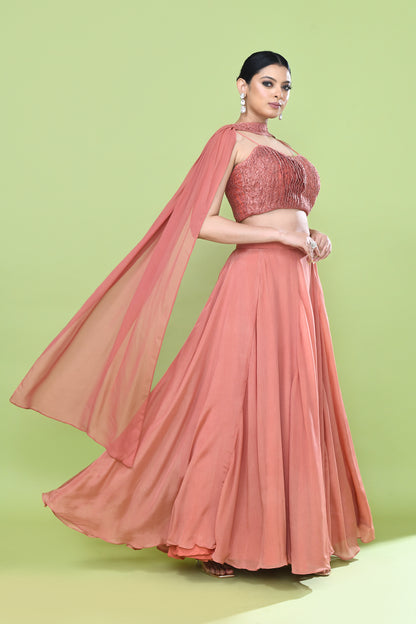 Designer Wear Coral Pink Chinon Chiffon Lehenga Set
