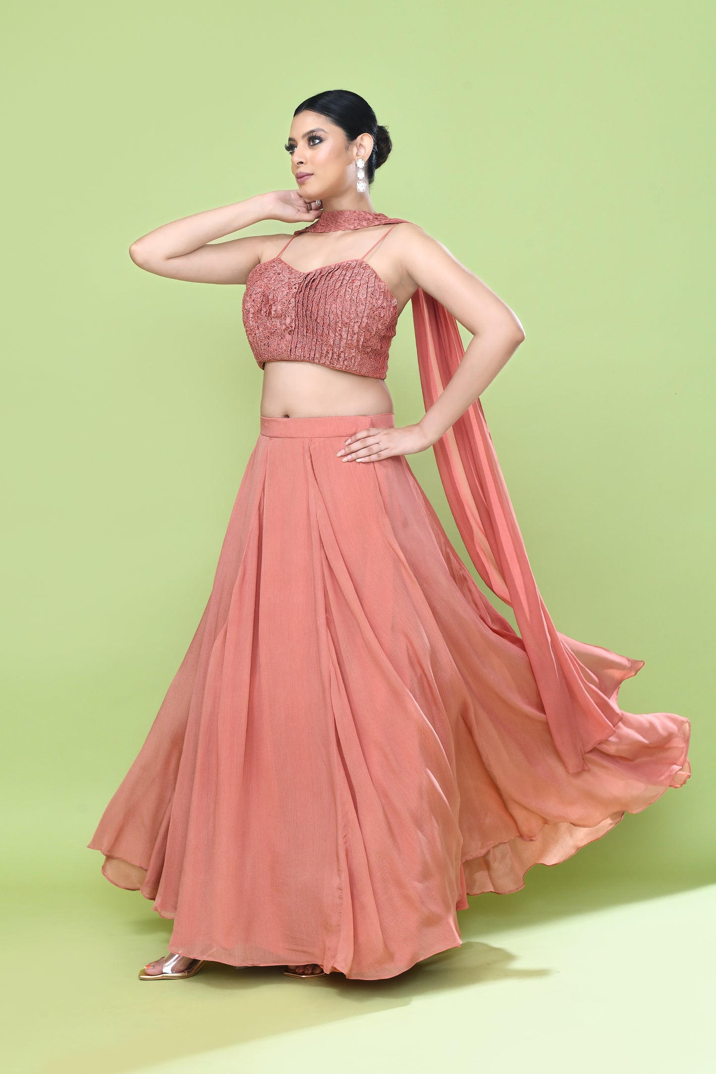 Designer Wear Coral Pink Chinon Chiffon Lehenga Set