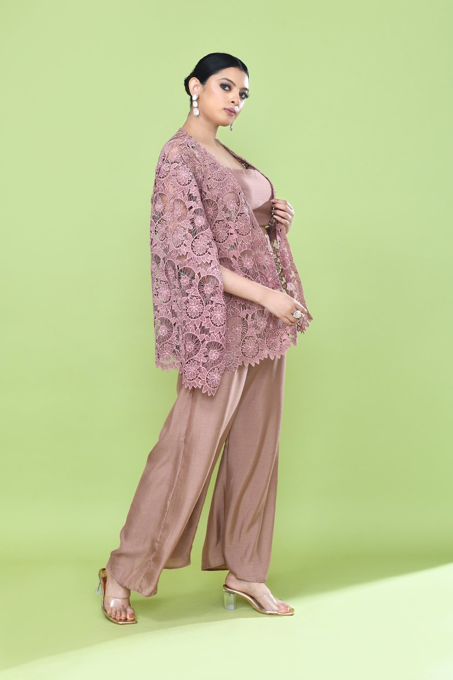 Designer Wear Pastel Pink Palazzo Set with an Embellished Jacket