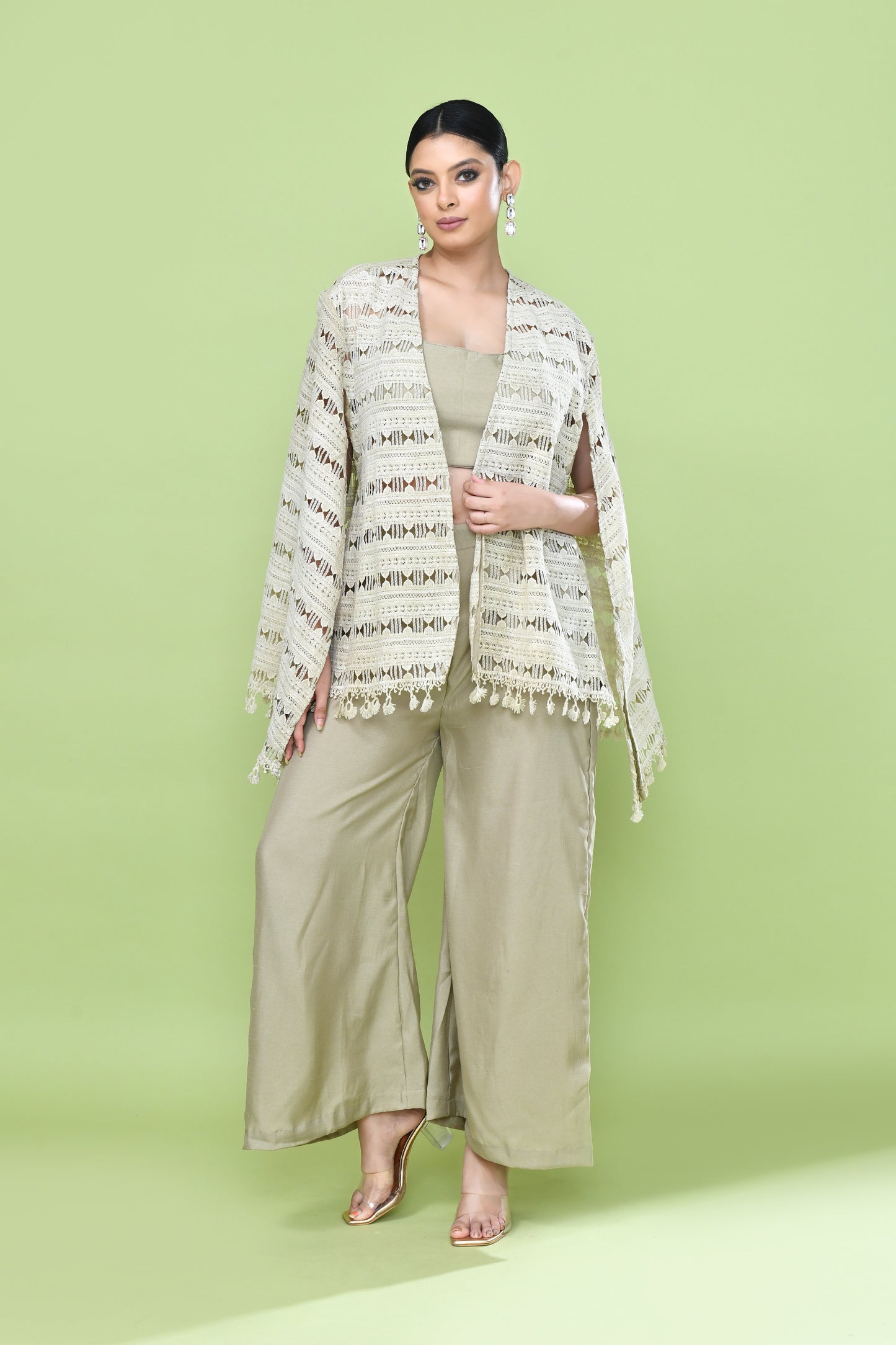 Designer Wear Sage Green Palazzo Set with an Cream Embellished Jacket