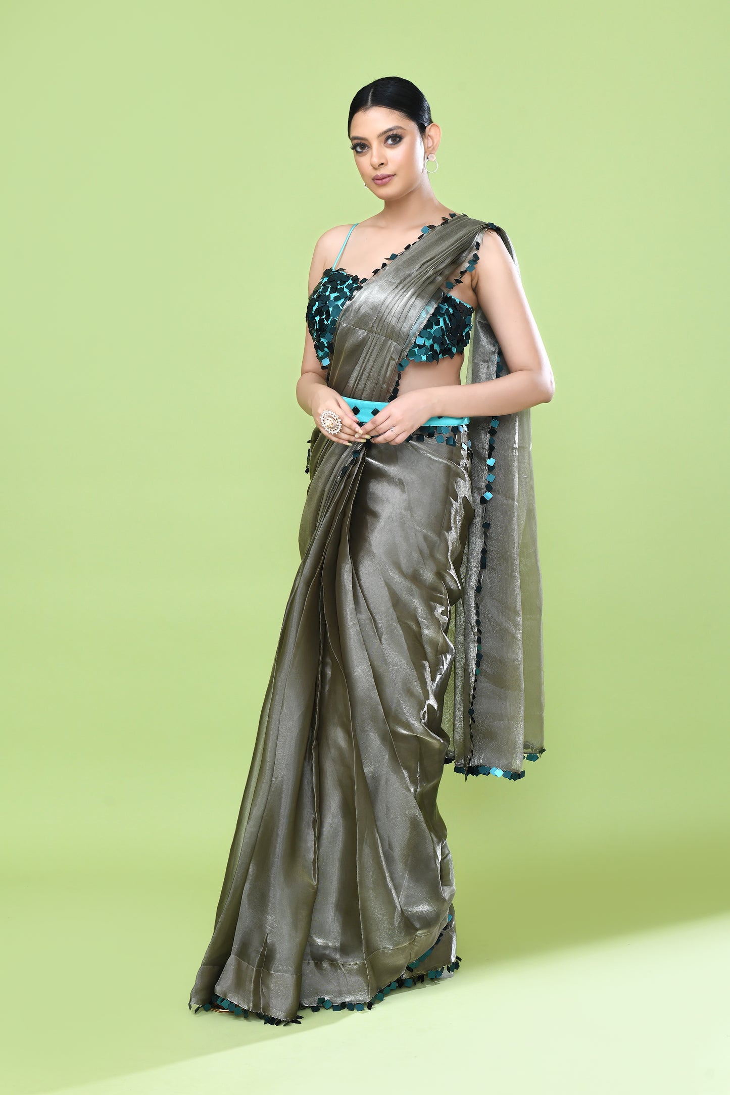 Designer Wear Grey Glass Organza Drape Saree