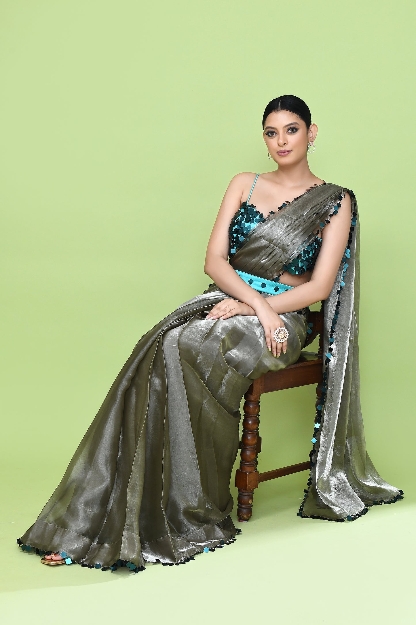 Designer Wear Grey Glass Organza Drape Saree