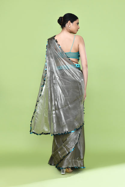 Designer Wear Grey Glass Organza Drape Saree