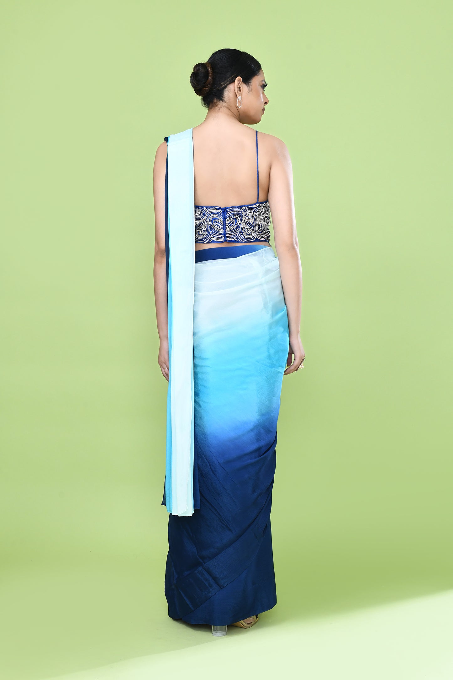 Designer Wear White and Blue Chinon Chiffon Drape Saree