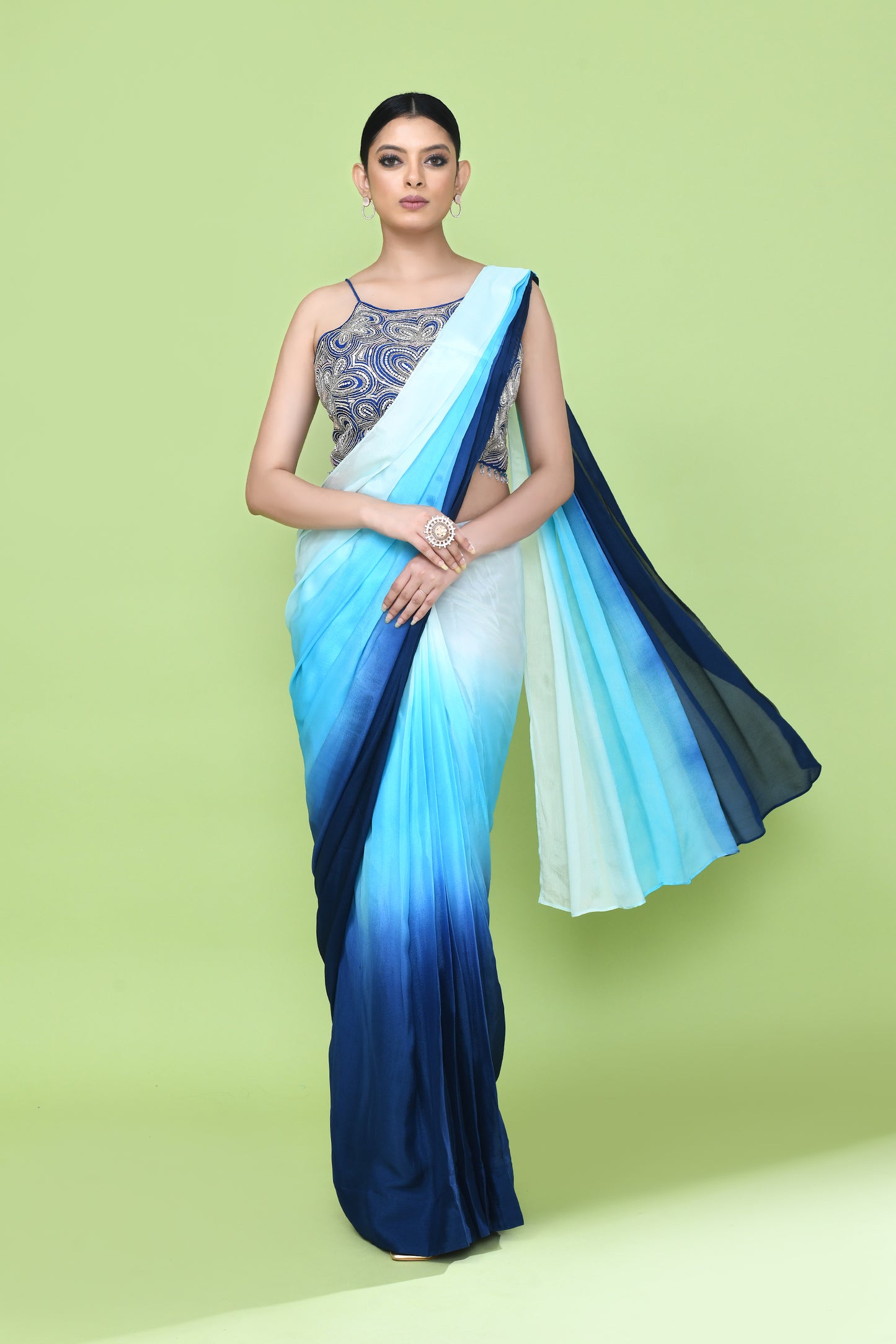 Designer Wear White and Blue Chinon Chiffon Drape Saree