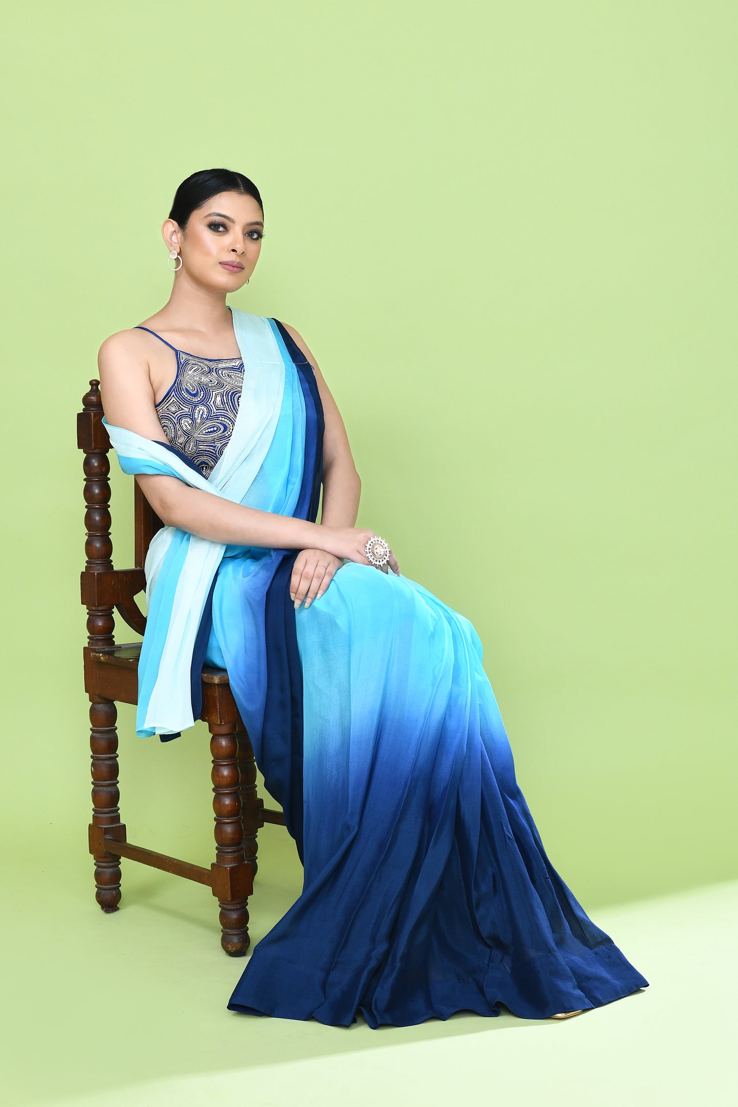 Designer Wear White and Blue Chinon Chiffon Drape Saree