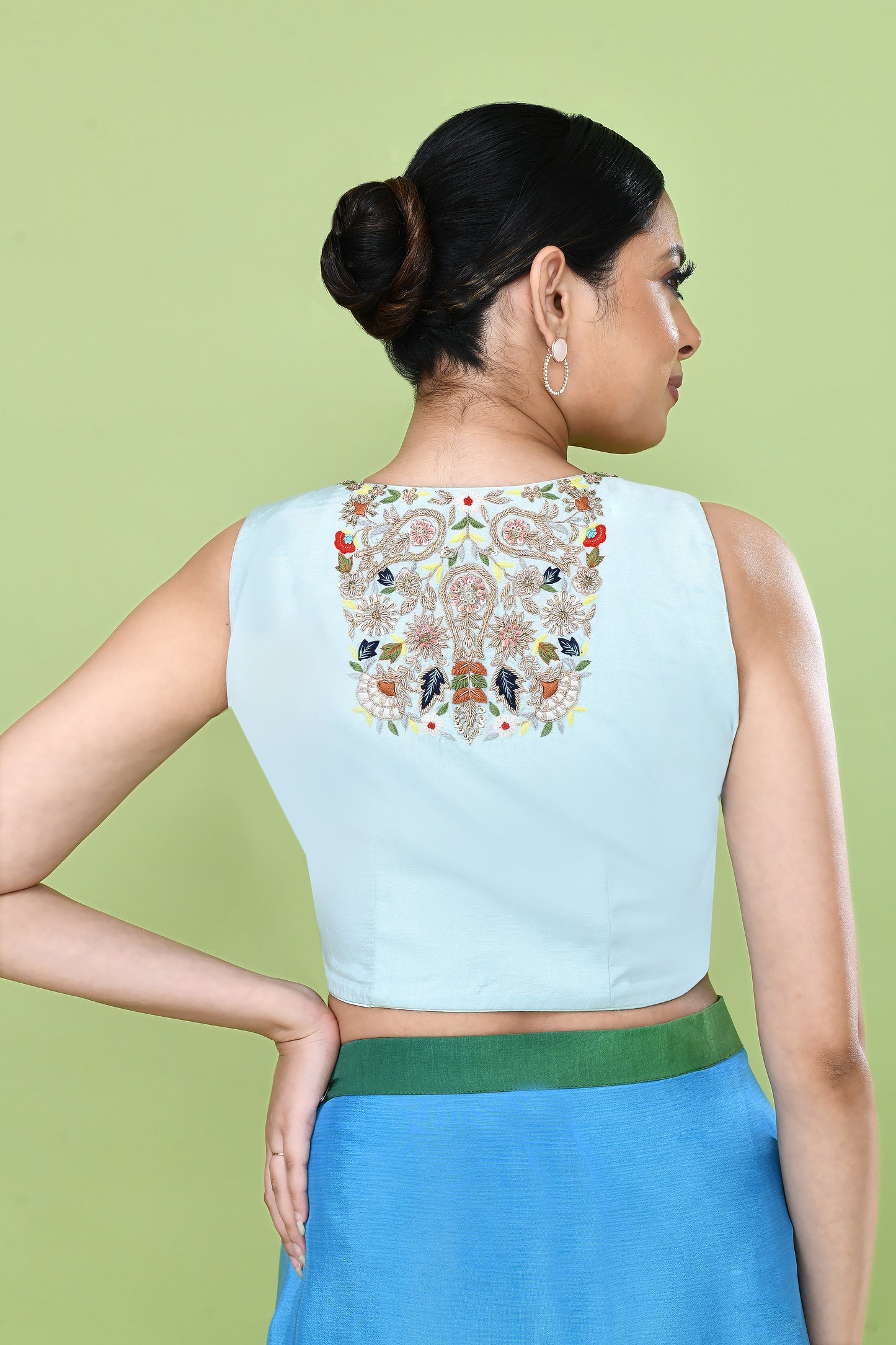Designer Wear Blue and Green Chinon Chiffon Drape Saree