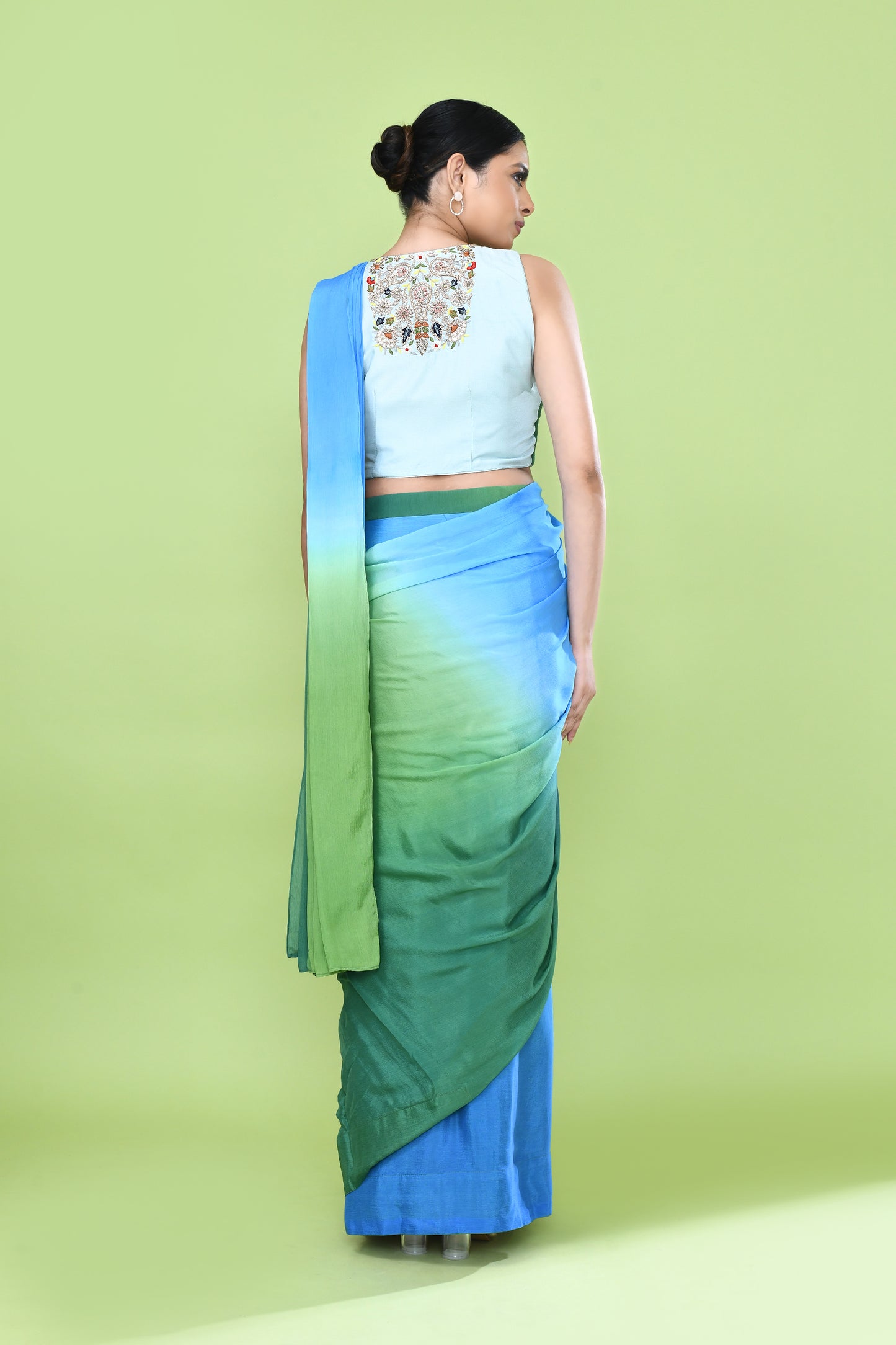Designer Wear Blue and Green Chinon Chiffon Drape Saree