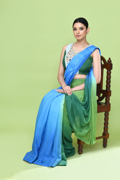 Designer Wear Blue and Green Chinon Chiffon Drape Saree