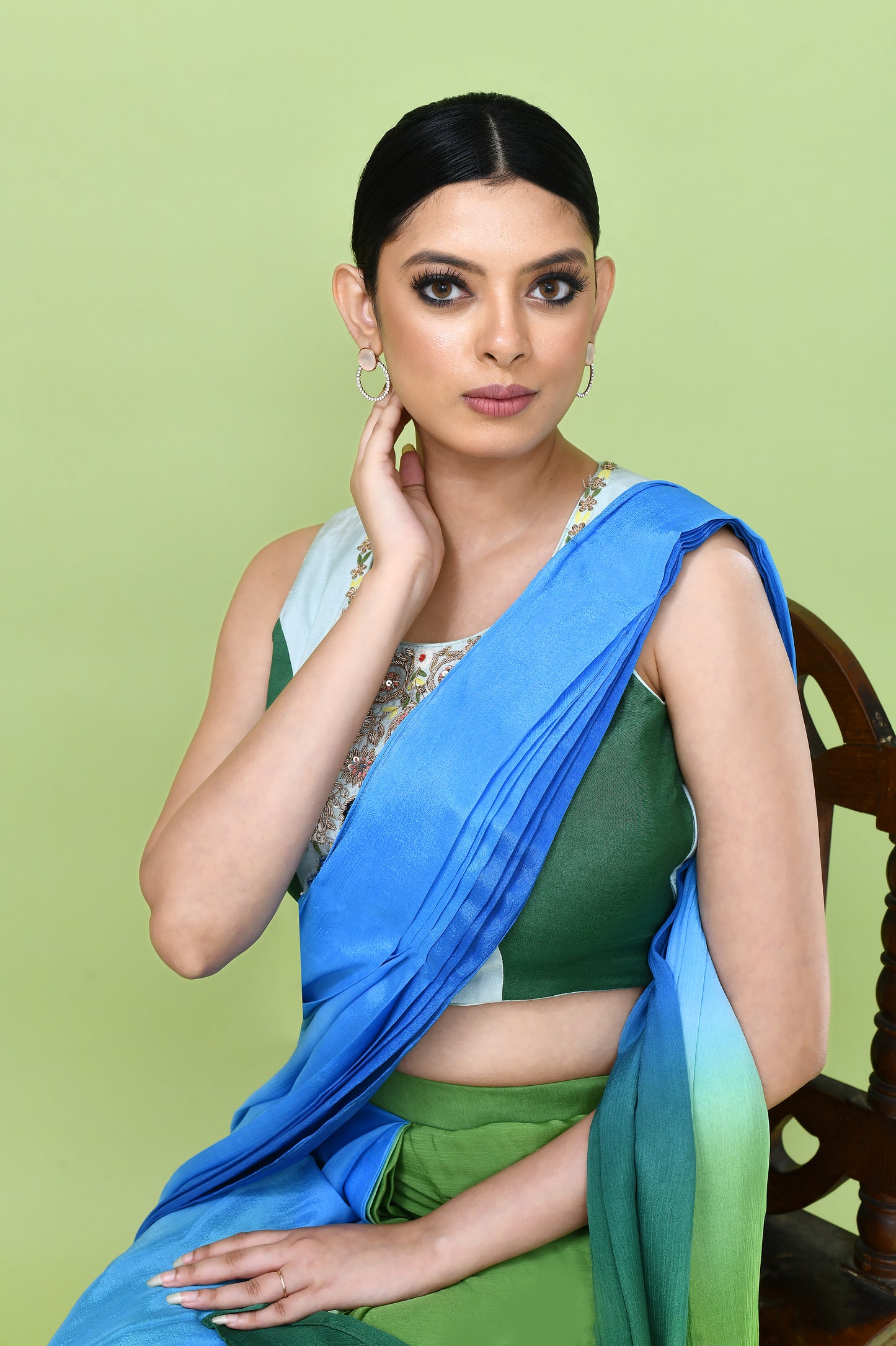 Designer Wear Blue and Green Chinon Chiffon Drape Saree