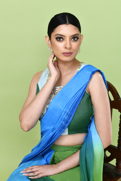 Designer Wear Blue and Green Chinon Chiffon Drape Saree