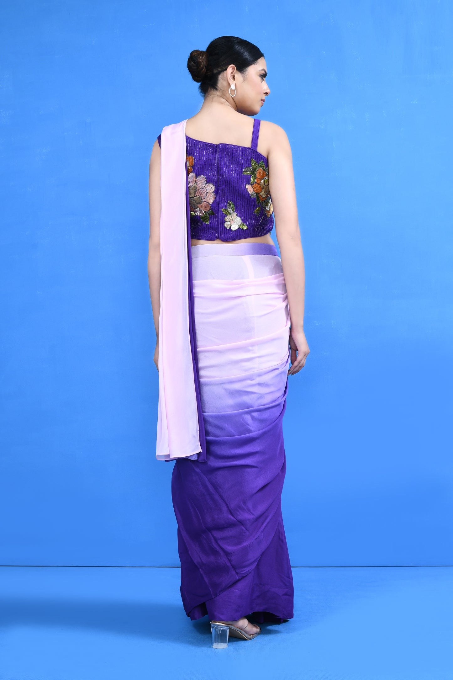 Designer Wear Purple and Pink Chinon Chiffon Drape Saree